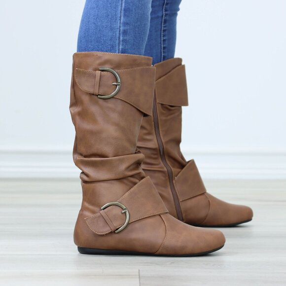 Flat Mid Calf Boots Synthetic Leather Buckles Round Toe Womens Casual Tan - Picture 16 of 16